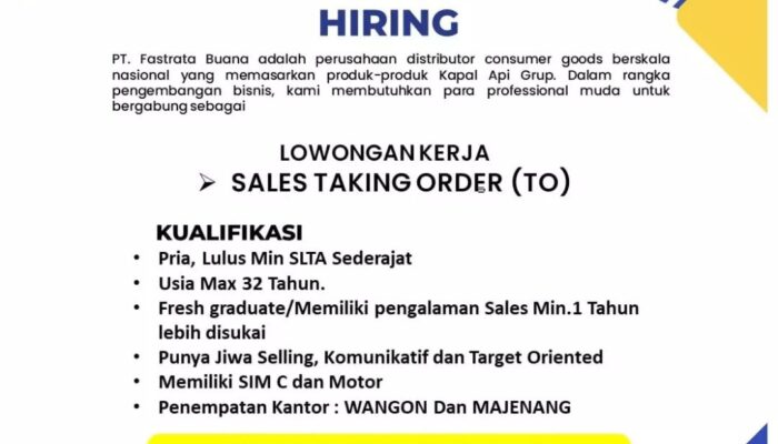 Lowongan Kerja Sales Taking Order (TO) Purwokerto